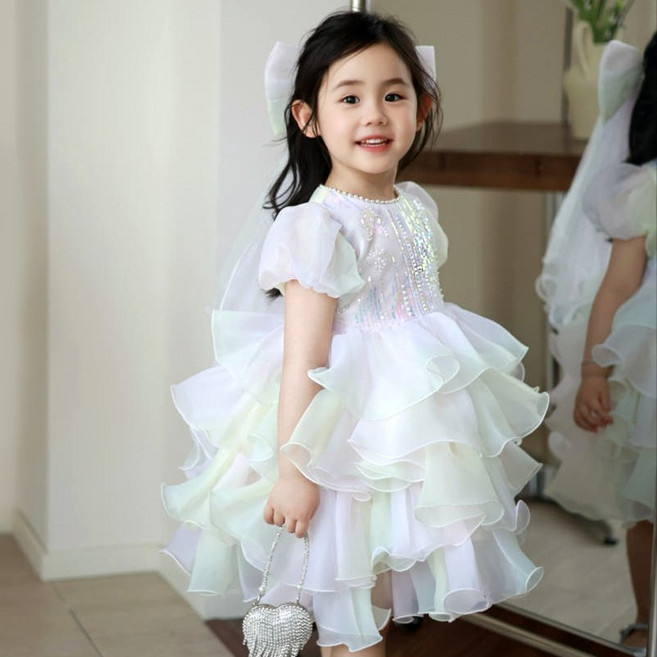 [에리쏭키즈] 여아 주니어 웨이브 캉캉 오로라 샤랄라 무지개 드레스 왕리본 헤어핀 세트