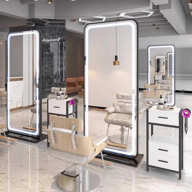 미용실 양면경대 스탠딩 헤어샵 거울 전신거울 조명, 블랙 양면 거울 (LED 조명)