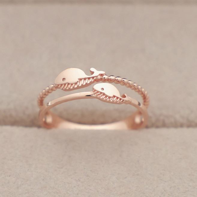 14k 18k 로즈골드 물고기 반지 고래 우정 트원 행운 패션 심플 데일리 선물 레이어드(R290)