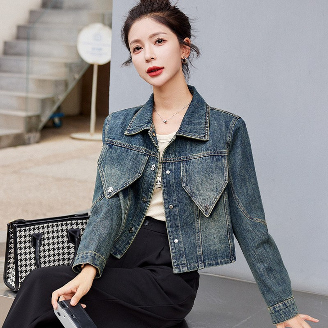 COSYEVNO 숏 청재킷 봄 여성 워싱 캐주얼 슬림핏 빈티지 데님 코트