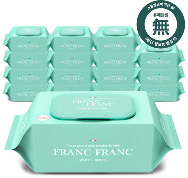 프랑프랑 플라스틱0% 화이트 비데 물티슈 60gsm(무향), 60, 20매입, 12개
