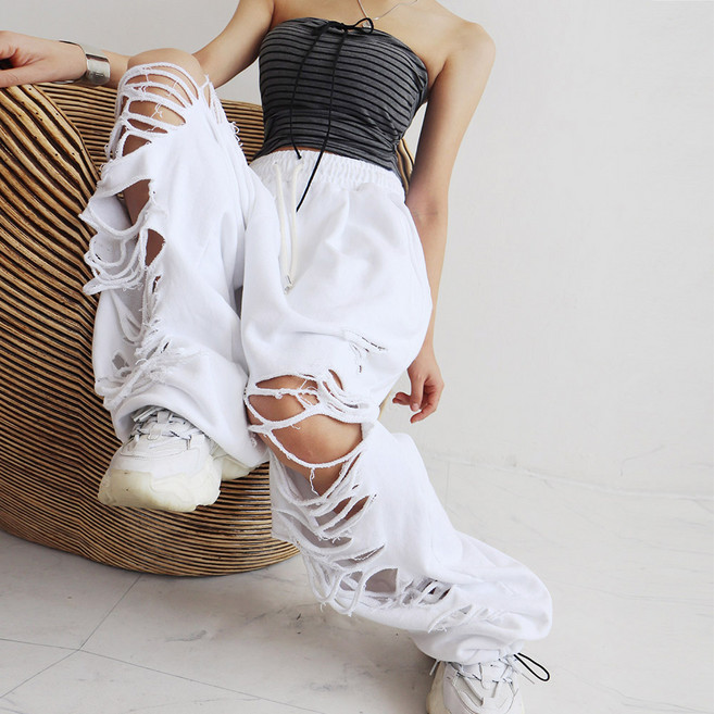 (3color)여성 밴딩 트레이닝 찢어진 와이드 워싱 롱팬츠