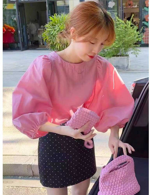 여성 로즈레드 긴팔 파워숄더 퍼프 벌룬 소매 셔츠 블라우스 분홍 핑크