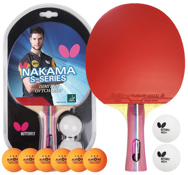 버터플라이 탁구라켓 쉐이크 핸드 양면 카본 NAKAMA S-3 + 오로라 탁구공, 1개