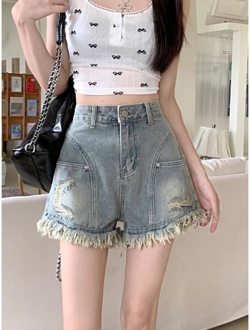 lofei 여성 여름 하이웨스트 컷팅 데미지 데님 숏팬츠 LRR033026