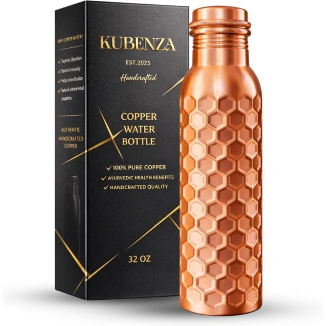KUBENZA 순수 구리 물병 32온스 100% 무코팅 및 무라커 수제 아유르베다 누수 방지 재사용 가능