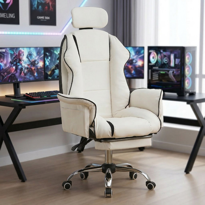 Takata 사무용 의자 사장님 의자 인체공학 높이조절 헤드레스트 게이밍 의자, 흰색
