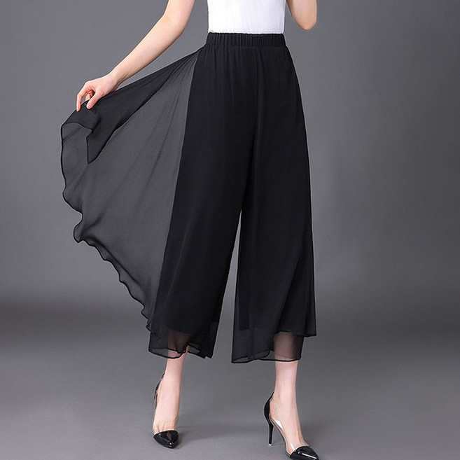 JUSTFEELING M-4XL 85kg까지 빅사이즈 쉬폰 7부바지 시원한 중년여성 춤을추는 여름바지 치마바지