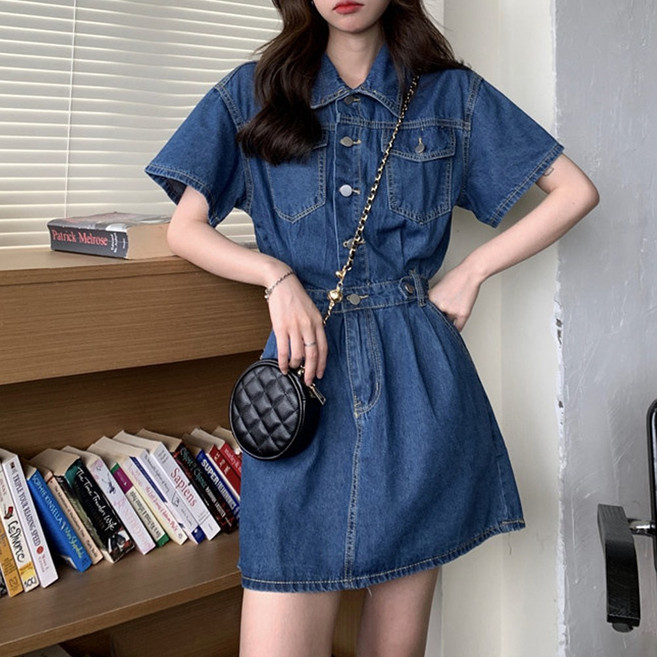 cammello 블루 데님 웨이스트 밴딩 반팔 미니 원피스 빅사이즈 드레스