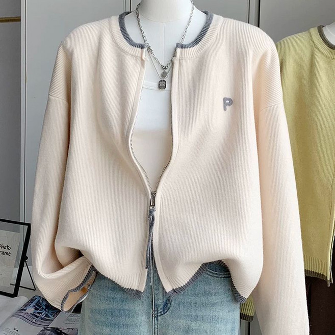 여성 배색 디테일 라운드넥 니트 가디건 봄가을 오픈형 가디건 아우터