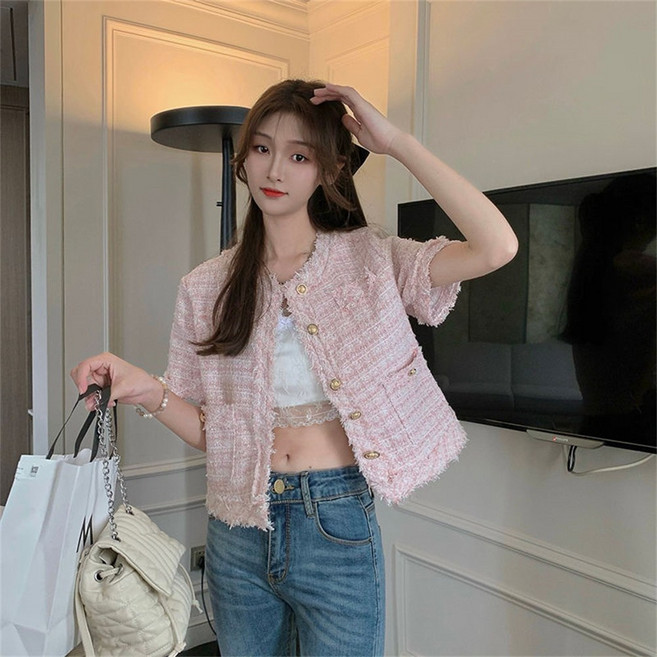 besteffie 트위드자켓 여성 여름 라운드넥 루즈핏 수술 골드버클 크롭아우터 빅사이즈 반팔 숏 트위드재킷 C88