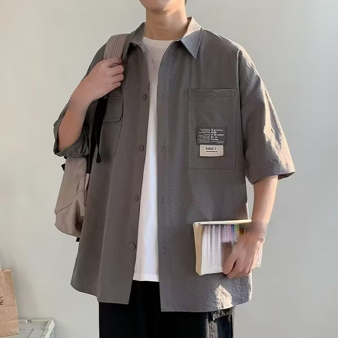 Komorebi 남성용 여름용 반팔 셔츠 루즈핏 캐주얼 재킷 상의