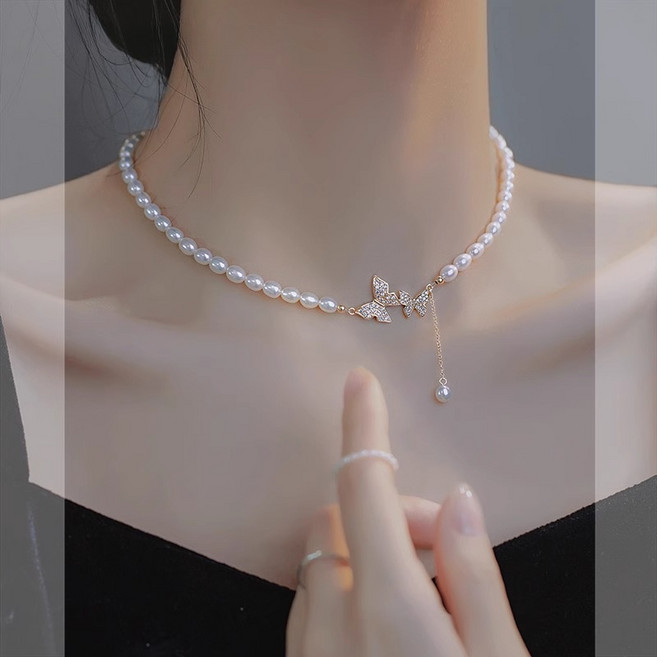 비비드칙 14KGF 천연 밥풀진주 지르콘 나비 S999은 목걸이