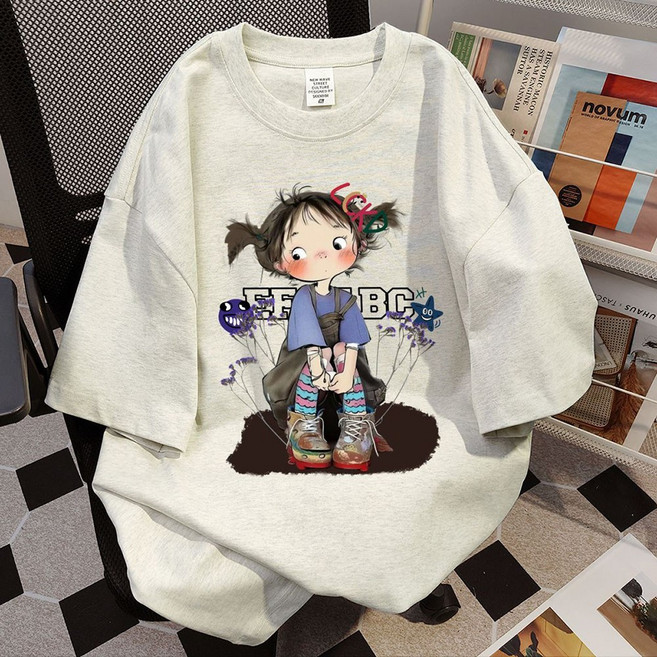 지고다그 여름 순면 남녀공용 루즈핏 프린팅 반팔티 캐릭터 일러스트 오버핏 티셔츠 캐주얼 ZK15437