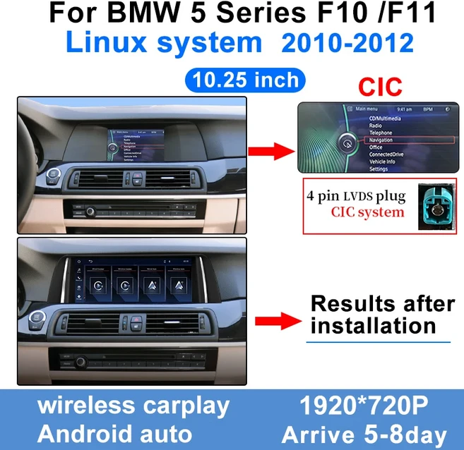 10.25 터치 스크린 디스플레이 1920720 BMW 호환 5 시리즈 F10 F11 CIC NBT 2011-2017 무선 Carplay 안드로, 01 빠른  Mainland, 01 10.25inch CIC