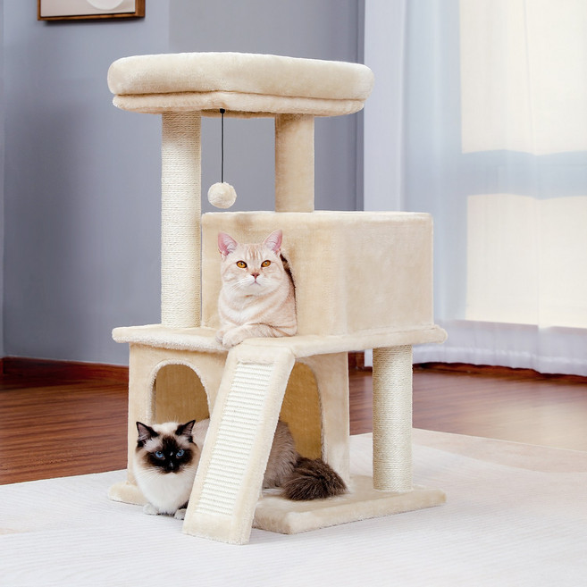 PAWZ Road 3단 다색심플 패브릭 고양이 소형 캣타워 더블 숨숨집+탑 라운지 + 사다리, 1개, 베이지