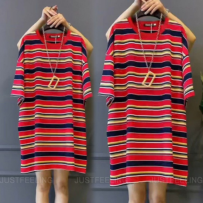 빅사이즈 스트라이프 하프 반팔 티셔츠 라운드넥 롱 반팔티 여성용 루즈핏 원피스 JUSTFEELING