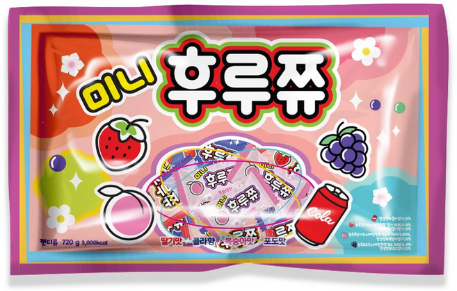 이호 편의점 간식 배달 아이들 4가지맛 젤리 후루쭈 포도맛 콜라맛 딸기 복숭아맛 한봉지에 알맹이, 720g, 2개