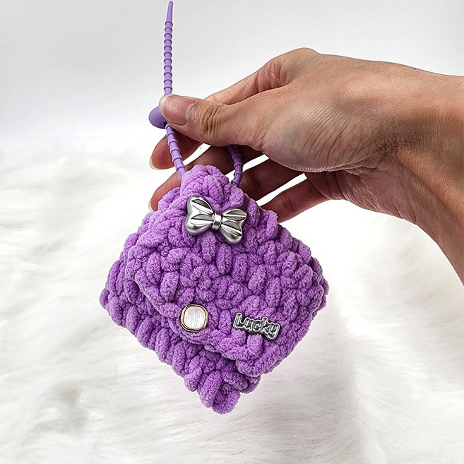 퐁신퐁신 털실 귀여운 미니파우치 키링 차키걸이 가방고리 5종, 1개, 퍼플