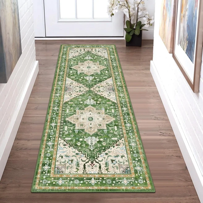 쿠쿠스토어 빈티지 페르시안 러너 러그 디스트레스드 번트 오렌지 플로럴 매트 레트로 메달리온 카펫 긴 복, 02 50X150cm-Felt, 02 2