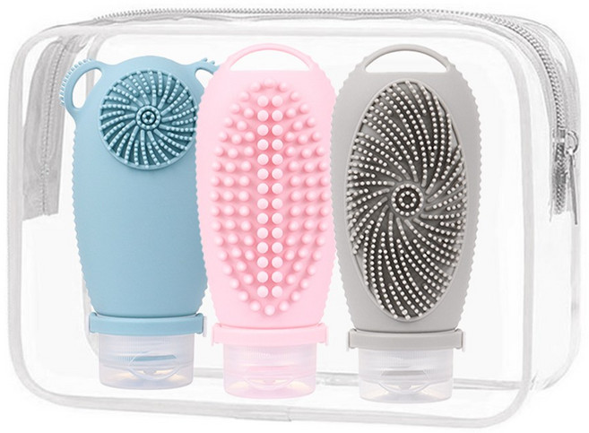 시소시소 실리콘 여행용 브러쉬 공병 100ml 3p 투명파우치 1세트, 1개, 3종세트