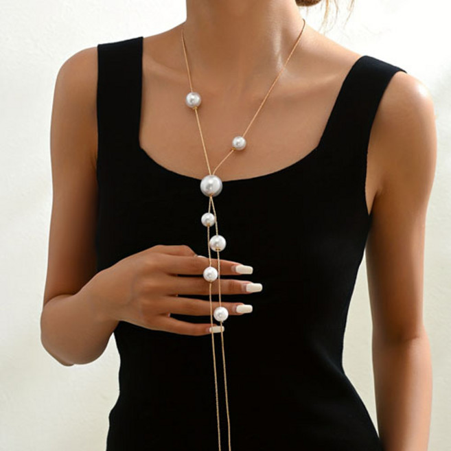 티큐 여성 파티 행사 공연 슬림 골드 체인 왕진주 롱 드롭 목걸이 A1915