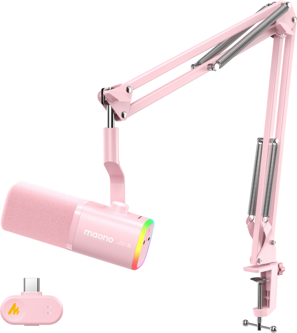 마오노 무선 USB 다이나믹 마이크 게이밍 방송용 스트리밍 보컬용 PD100W, 붐암 스탠드, 핑크