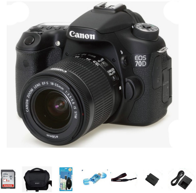 캐논 EOS 70D+18-55mm+32GB+가방+리더기+청소도구 입문용 DSLR카메라 풀패키지, 70D+18-55mm줌렌즈+32GB패키지