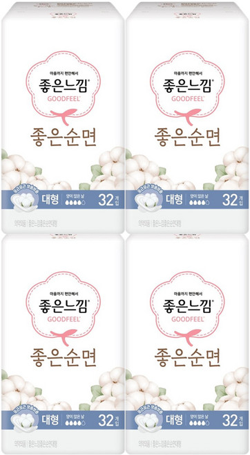 좋은느낌 좋은순면 생리대 날개형, 대형, 32개입, 4개