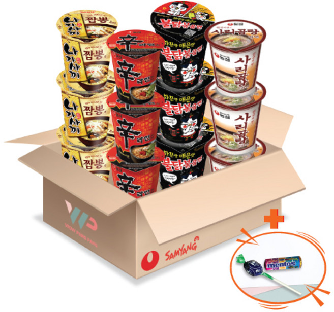농심 삼양 컵라면 소컵 4종 혼합세트 신라면 3컵+사리곰탕 3컵+불닭볶음면 3컵+나가사끼짬뽕 3컵 총 12컵입 미니 멘토스+투시팝 사탕 사은품 2종 증정, 1개