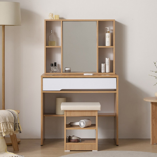 공간사이 루시 800 수납 화장대+의자 세트, 오크화이트 hc1014