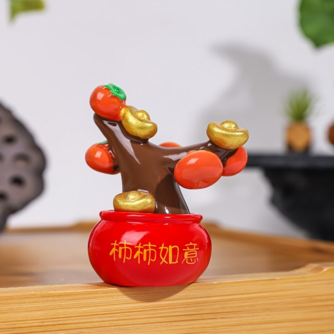 創意發財樹擺件 招財小盆栽 可愛有錢花 電腦螢幕/辦公室桌面裝飾, 柿柿如意,招財小盆栽擺件