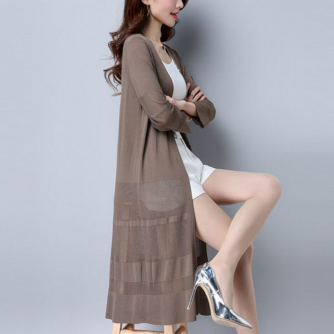 ORZQU 여성 여름 가디건 4컬러 얇은 통기성 펀칭 니트 가디건 루즈핏 빅사이즈 긴팔 시스루 롱 가디건 (M~3XL)