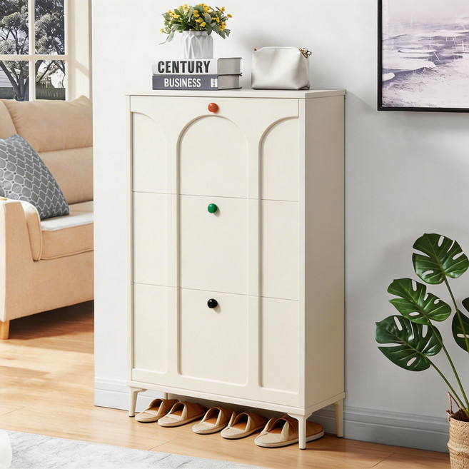 좁은 현관 신발장 현대풍 크림색 슬림 신발장, 3단, 화이트 80CM