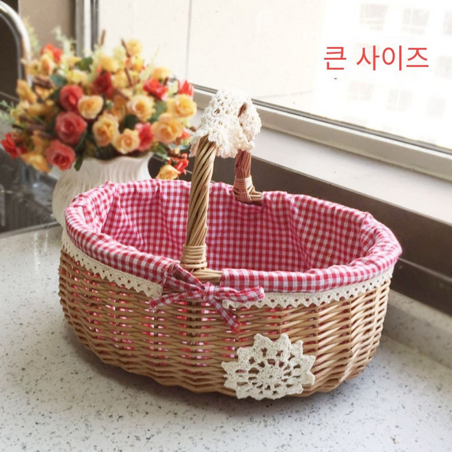 손잡이 라탄 수납 바구니 예쁜 레이스 패브릭 수납함 H 1개, E × 1개