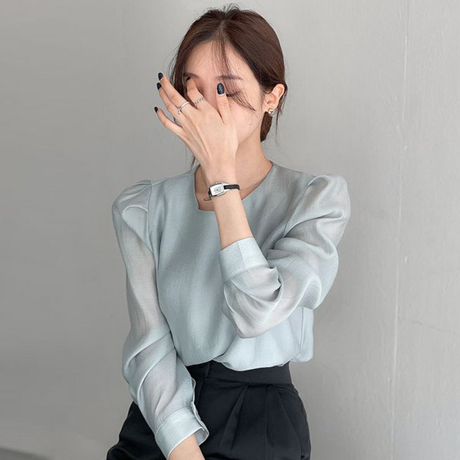 ASURE 여성 긴팔 블라우스 벌룬소매 사스루 이너셔츠