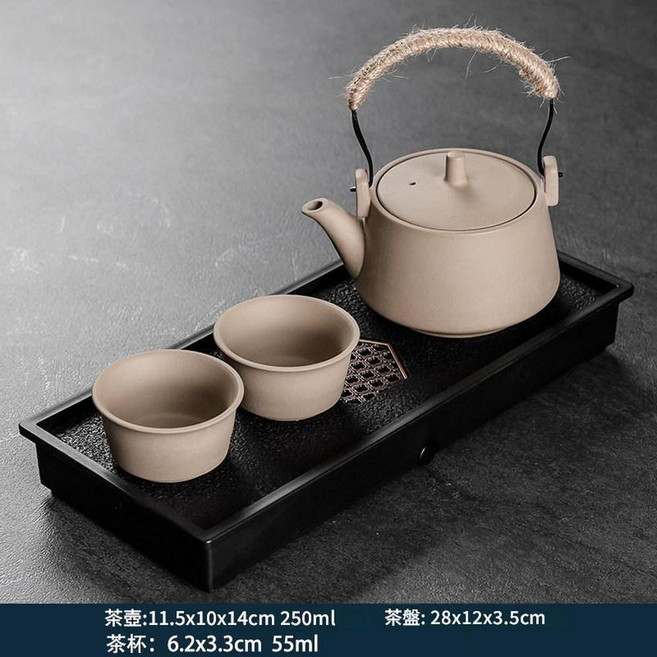 雙人陶瓷功夫茶具 紫砂西施壺1壺2杯, 3頭粗陶麻繩提樑壺 光面 盤, 1套