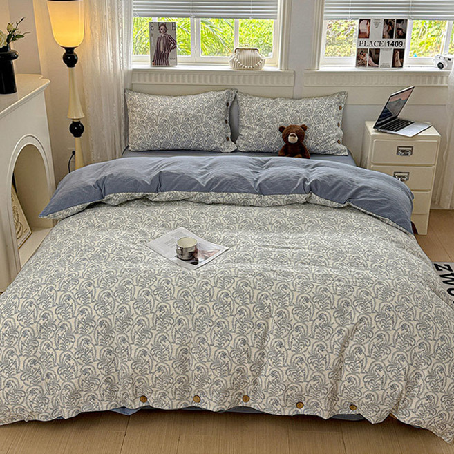 리진 플로아 린넨 이불커버 퀸 (200X230cm), 블루