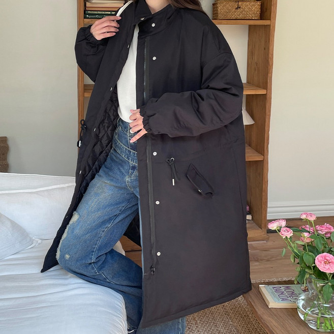 어던무드 여성 롱패딩 스트링 누빔 퀼팅 안감 겨울 아우터 야상 패딩