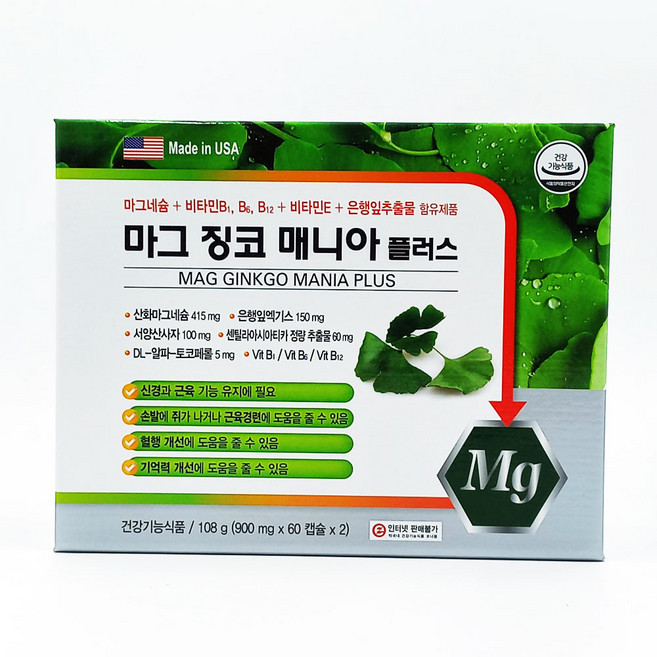 마그 징코 매니아 플러스 120캡슐 4개월분 마그네슘 은행잎, 1개, 120정
