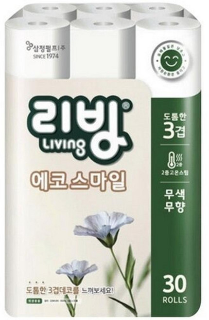 리빙티슈 3겹 에코스마일 롤화장지, 22m, 30개입, 6개