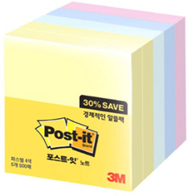 쓰리엠 포스트잇 알뜰팩 76 x 76 mm 654-5A, 노랑, 애플민트, 크림블루, 러블리핑크, 500매, 1개