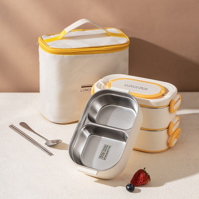 연화삼월 2단/3단 316스텐 도시락통 전자레인지 직장인도시락통 가방 수저 포함, 1개, 2400ML 3단 베이지
