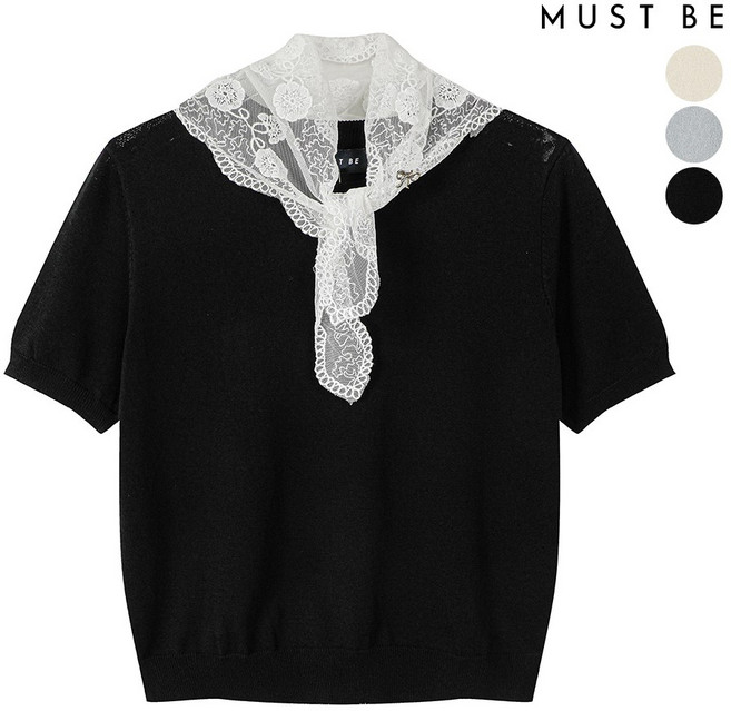 머스트비 레이스 숄 레이어드 라운드 반팔니트