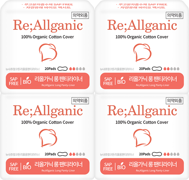 뉴 내츄럴코튼 리올가닉 18cm (라이너-롱)20개입 4개, 20매입, 롱 팬티라이너