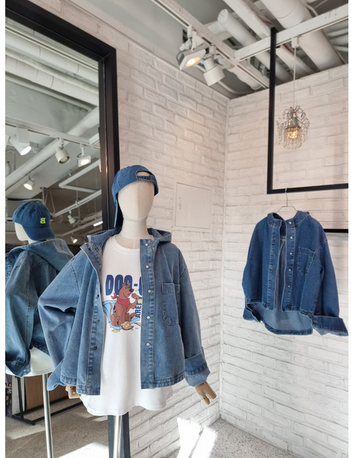 [반다리] 후드 데님 언발 셔츠 청자켓
