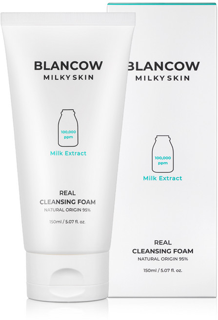 국내 최초 노폐물 98.9% 세정력 블랑카우 리얼 밀크 클렌징폼 피부보습 탄력 피부결 수분개선, 1개, 150ml