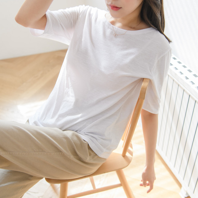 유니스 데일리 국내제작 엣지 보트넥 슬라브 5부티 반팔 티셔츠