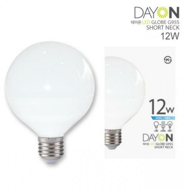 데이온 LED램프 G95 볼전구 숏넥 12W 확산형 E26 6500K 4000K 3000K, 주광색, 1개