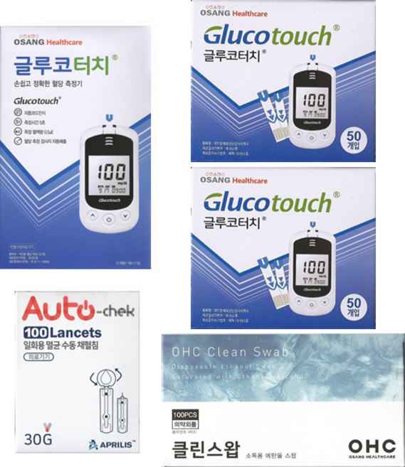 오상헬스케어 글루코터치 혈당측정기 풀세트 (기계세트+시험지 100매+채혈침110개+알콜솜100매) SW, 1세트, 100개입
